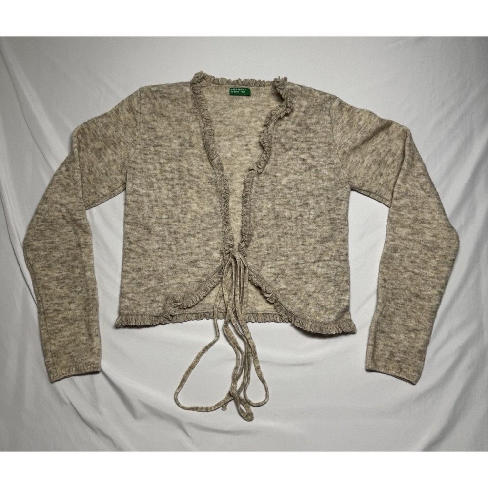 United Colors of Benetton Beige Tie-Front Cropped Cardigan Ruffle Trim Size S